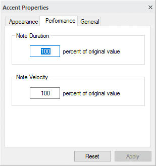 fingering - properties window "performance"