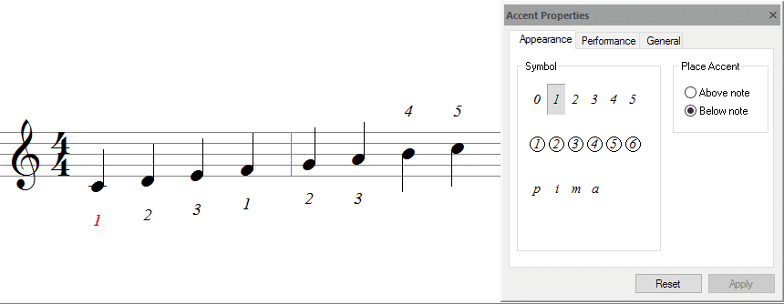 fingering - properties window "appearance"