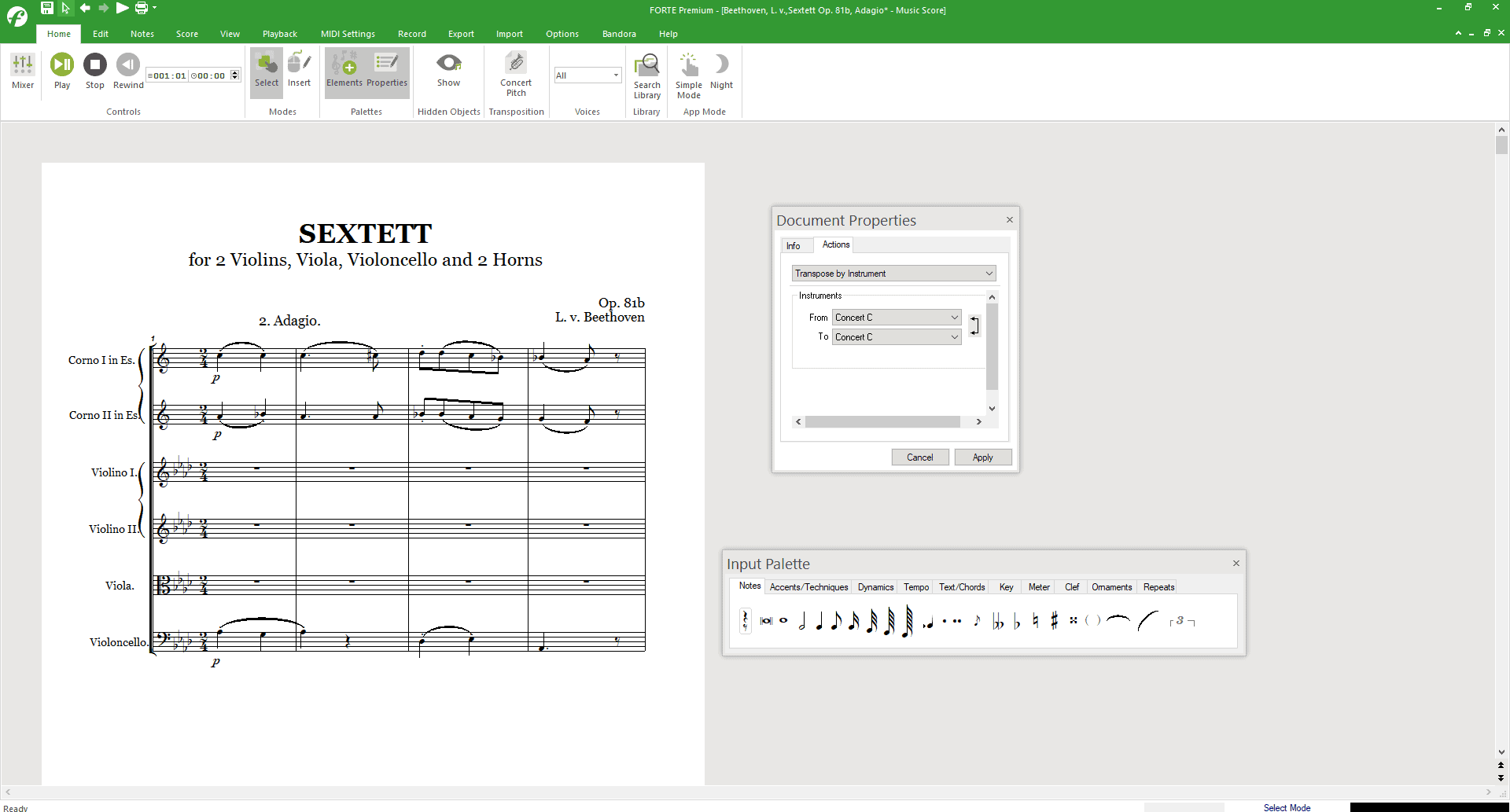 FORTE's input palette makes it easy to add notes to a score and make your own sheet music.