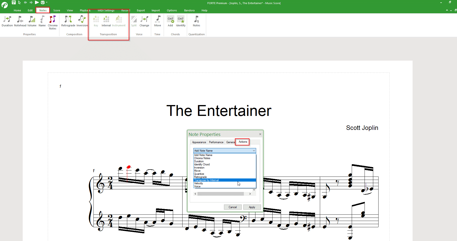 Using FORTE software's transposition feature to transpose a piece of music by interval 