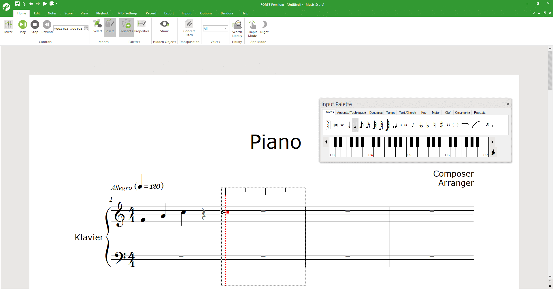 Inputting notes into a score with FORTE and its music ruler when making sheet music