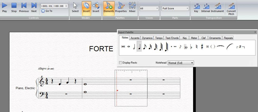 Using FORTE to write music notes on a staff