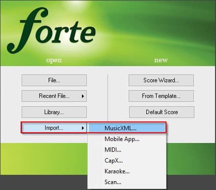Importing a MusicXML file into FORTE