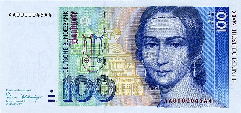 Face of Clara Schumann on a banknote